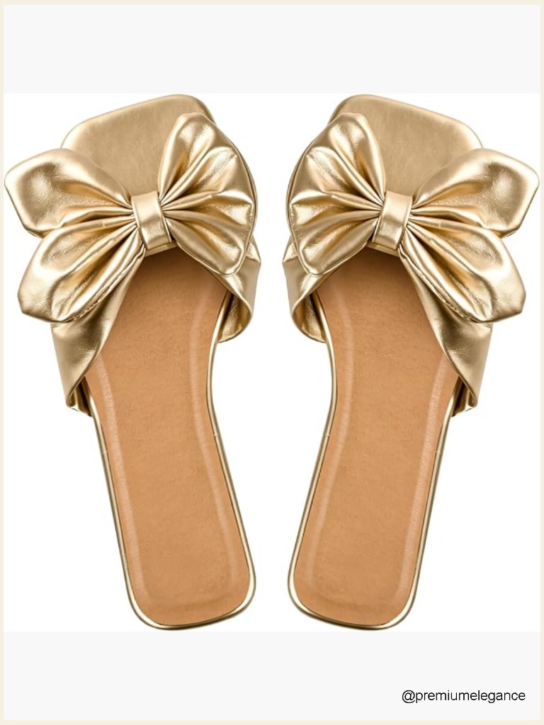 Women's Bow Square Open Toe Slide Sandals Flat Pu Leather Casual Summer